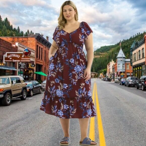 Terra & Sky Women's Plus Flutter Sleeve Midi Tiered Dress Maroon Floral Size 3X - Picture 1 of 15